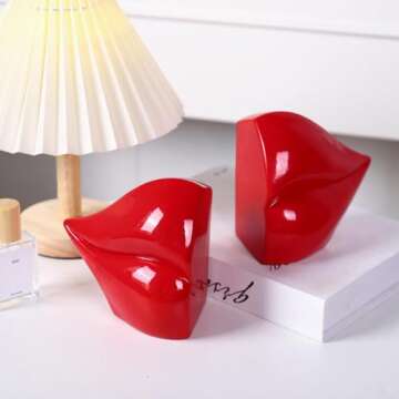 ZXFINTV Red Lips Decorated Bookends，Set of 2 Heavy Decorative Book Stoppers，Unique Resin Decoration，Creative Desktop Red Decor for Study Room Hotel Office Shelves