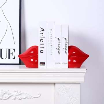 ZXFINTV Red Lips Decorated Bookends，Set of 2 Heavy Decorative Book Stoppers，Unique Resin Decoration，Creative Desktop Red Decor for Study Room Hotel Office Shelves