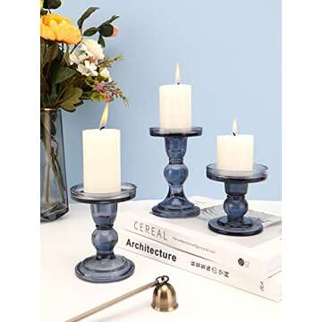 Lewondr Glass Candle Holders, 3 Pieces Crystal Clear Candlesticks with Elegant Design for Pillar Taper Candle and Tea Light, Home Table Living Room Wedding Party Decorations Home Décor - Smoky Blue