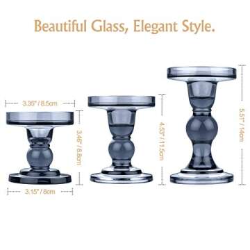 Lewondr Glass Candle Holders, 3 Pieces Crystal Clear Candlesticks with Elegant Design for Pillar Taper Candle and Tea Light, Home Table Living Room Wedding Party Decorations Home Décor - Smoky Blue