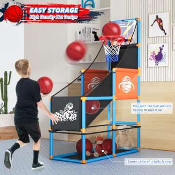 Arcade Basketball Game Set Boy Toys: Indoor Basketball Hoop with 4 Balls Outdoor Sports Toy for Kids 3-12 Years Old Adjustable Height with Air Pump Carnival Games Birthday Gifts for Boys Girls Teens