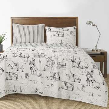 Paseo Road by HiEnd Accents Ranch Life Western Bedding, 3 Piece King Size Quilt Set, White Black Cow Cowboy Longhorn Horse Rodeo Print Western Bed Set, Cotton Rustic Southwest Quilt with Pillow Shams