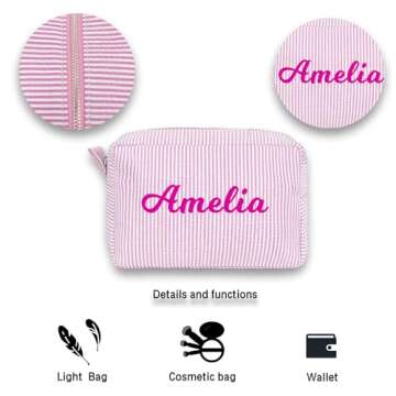 MT WORLD Personalized Seersucker Toiletry Bag Monogrammed Cosmetic Bag Cotton Seersucker Pouch Large Capacity Women Travel Toiletry Case for Travel Wedding Bridesmaid Graduation Gifts (Pink)