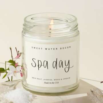 Sweet Water Decor Spa Day Candle - Sea Salt, Jasmine, and Wood Relaxing Scented Soy Wax Spring Candle for Home - 9oz Clear Jar, 40 Hour Burn Time, Made in the USA