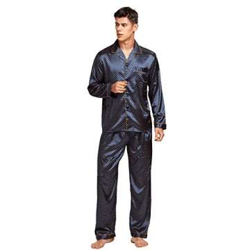 TONY AND CANDICE Men's Classic Satin Pajama Set Sleepwear (Blue/Golden, Medium)