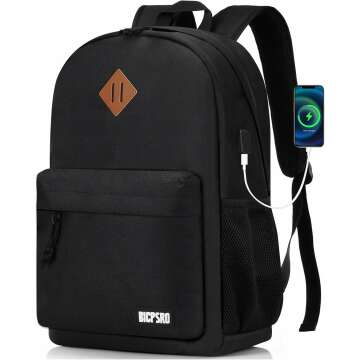 Versatile Lightweight Black Backpack with USB Charger for Students