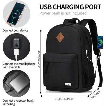 Lightweight Black School Backpack with USB Port