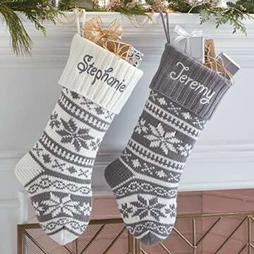 Let's Make Memories Personalized Snowflake Knit Christmas Stocking- Holiday Décor- White Cuff/Gray