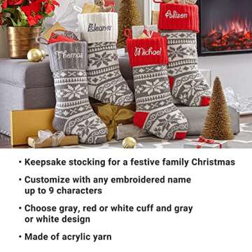 Let's Make Memories Personalized Snowflake Knit Christmas Stocking- Holiday Décor- White Cuff/Gray