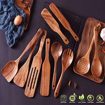 Wooden Spoons for Cooking,GUDAMAYE 10 PCE Wooden Kitchen Utensils Set,Wooden Cooking Utensils For Non-stick Pan,Wooden Utensils for Cooking,Wooden Spurtles Set, Spurtles Kitchen Tools As Seen On Tv