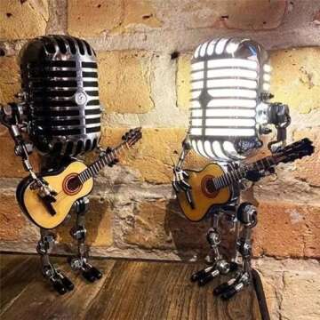 haccen Vueeze Mic Rockbot, Sherum Mic Rockbot, Dotmalls Mic Rockbot, Retro Style Microphone Robot Table Lamp, Holding Guitare Vintage Night Light, Metal Microphone Robot Lamp