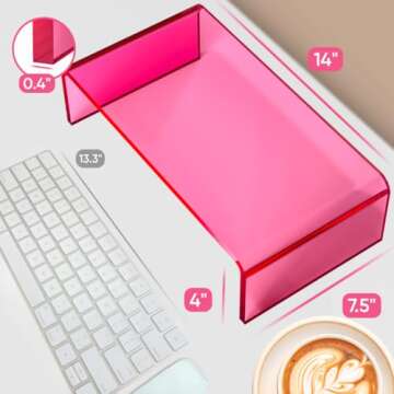 NovaMode Acrylic Monitor Stand – Ergonomic Desktop Organizer for Better Posture, Stylish Computer Riser for Monitors & Laptops, Clear Acrylic, Aesthetic, Modern Workspace Accessory - Bright Pink