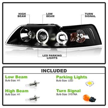 ACANII - For 1999-2004 Ford Mustang LED Halo Ring Black Housing Projector Headlights Headlamps, Driver & Passenger Side