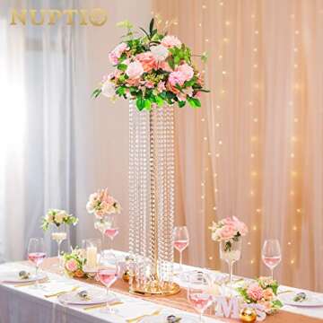 Nuptio Wedding Centerpieces Flower Vases: 10 Pcs 35.4in Tall Crystal Gold Vase Metal Flowers Stand for Party Tables Decorations - Elegant Bulk Weddings Decoration Table Chandelier Centerpiece Stands