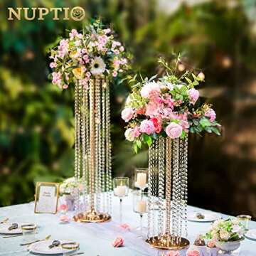 Nuptio Wedding Centerpieces Flower Vases: 10 Pcs 35.4in Tall Crystal Gold Vase Metal Flowers Stand for Party Tables Decorations - Elegant Bulk Weddings Decoration Table Chandelier Centerpiece Stands