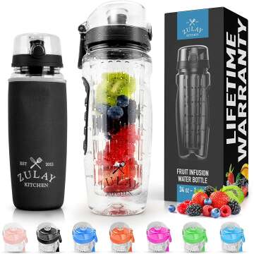 Zulay (34oz Capacity) Fruit Infuser Water Bottle with Sleeve - Anti-Slip Grip & Flip Top Lid Infused Water Bottles for Women & Men - Water Infusion Bottle - Onyx Black