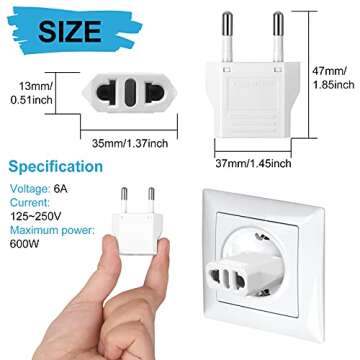 6 Pack US to Europe Plug Adapter - Type C European Travel Adapter, Wall Plug Power Converter for Europe (White)