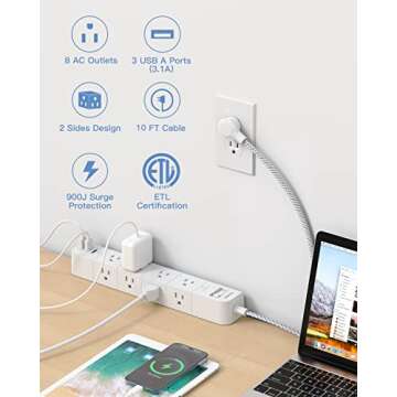 10 ft Extension Cord, Power Strip Surge Protector - 8 Widely AC Outlets 3 USB, Flat Plug, Desktop Charging Station with Overload Protection, Wall Mount for Home, Office, Travel, Computer ETL Listed