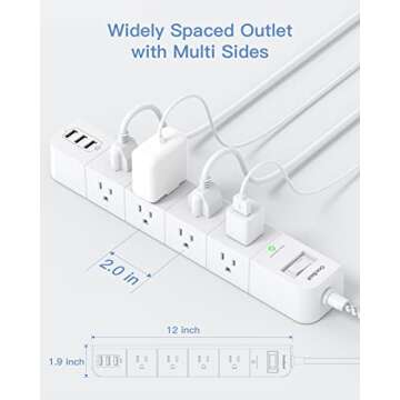 10 ft Extension Cord, Power Strip Surge Protector - 8 Widely AC Outlets 3 USB, Flat Plug, Desktop Charging Station with Overload Protection, Wall Mount for Home, Office, Travel, Computer ETL Listed