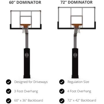 Dominator Premium Inground Adjustable Basketball Hoop - 72" Backboard w/ 4' Overhang - NBA/NCAA Regulation Adjustable Basketball Goal - Adjusts from 7' - 10', Made of Heavy Duty Rust Proof Aluminum