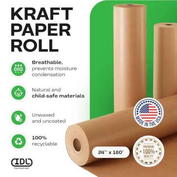 IDL Packaging 24" x 2160" (180 feet) - Brown Kraft Paper Roll - 30lb Thickness - Quality Paper for Packing, Moving, Shipping, Crafts - 100% Recyclable Natural Kraft Wrapping Paper