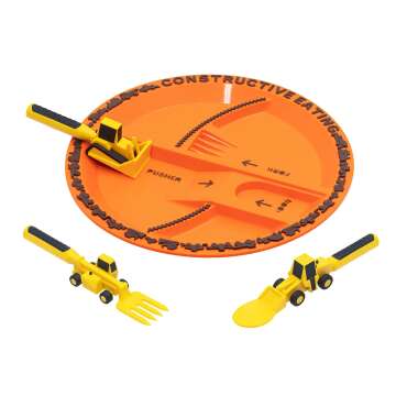 Constructive Eating Made in USA Construction Combo with Utensil Set and Plate for Toddlers, Infants, Babies and Kids - Made With Materials Tested for Safety