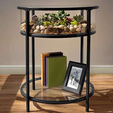 D'Eco Round Terrarium Display End Table w Reinforced Glass in Black Iron - 20" Diameter, 26.5" Height- Indoor Decor for Any Home or Office- DIY Garden for Succulents, Moss, Fern- Gift for Plant Lovers