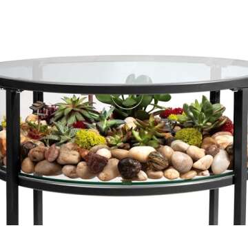 D'Eco Round Terrarium Display End Table w Reinforced Glass in Black Iron - 20" Diameter, 26.5" Height- Indoor Decor for Any Home or Office- DIY Garden for Succulents, Moss, Fern- Gift for Plant Lovers