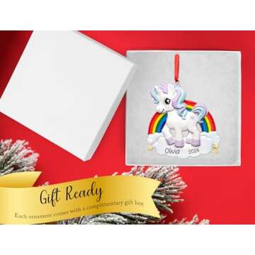 UniqXmas Personalized Unicorn Christmas Ornament 2024 - Free Customization | Unicorn with Rainbow & Glitter Stars for Xmas Tree | Unique Keepsake for Kids - Custom Name & Year