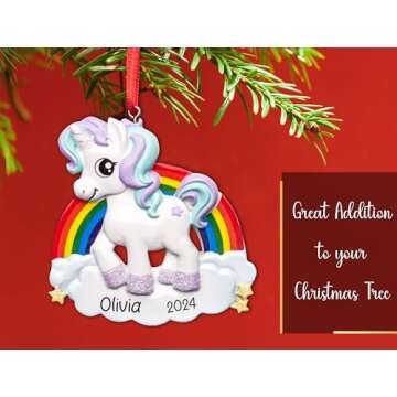 UniqXmas Personalized Unicorn Christmas Ornament 2024 - Free Customization | Unicorn with Rainbow & Glitter Stars for Xmas Tree | Unique Keepsake for Kids - Custom Name & Year