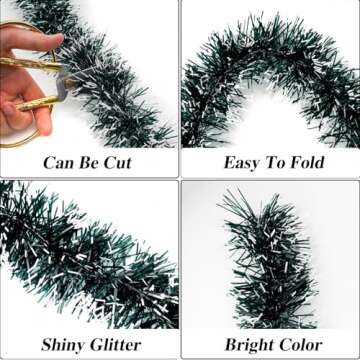 50FT Christmas Tinsel Garland,Colorful/Silvery Shiny Metallic Foil Decorations for Parade Floats, Halloween, Christmas Tree, New Year Parties,Birthday Party Supplies (Green-White-Thin)