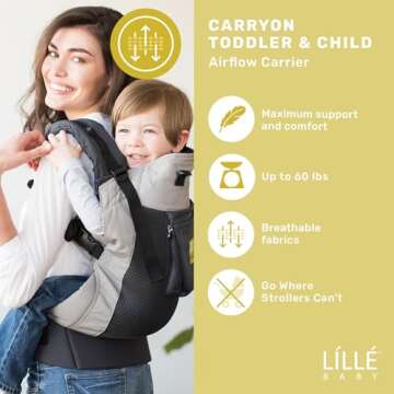 LÍLLÉbaby 3-in-1 Ergonomic CarryOn Airflow - Toddler Carrier - with Lumbar Support & Breathable Mesh - for Children 25-60 lbs - for Hiking, Travel and Everyday Family Events - Charcoal/Silver