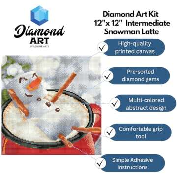 DIAMOND ART BY LEISURE ARTS Snowman Latte, 12"X12", Intermediate Diamond Painting Kits for Adults, Art for Adults, Kit, Painting