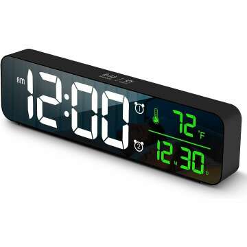 Digital Clock Large Display Alarm Clock for Living Room Office Bedroom Decor LED Electronic Date Temp Display Wall Electric Clocks Automatic Brightness Dimmer Smart Cool Modern Desk Accessories Black
