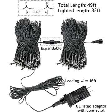 Upgraded 33FT 100 LED Christmas String Lights Outdoor & Indoor, Extendable Waterproof White Lights with Memory Function & Timer & 8 Modes for Christmas Tree Holiday Party Garden Decor (Cool White)