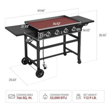 Royal Gourmet GB4001C 35-Inch Flat Top Griddle with Polyester Oxford Cover, 4-Burner Outdoor Propane Gas BBQ Grill, 52,000 BTU Cooking Power, Perfect for Barbecue Cooking, Black