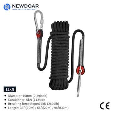 NewDoar Climbing Rope 8(5/16in),10mm (3/8in), High Strength Accessory Cord Rope with 2 Steel Hooks, for Outdoor Rescue Rappelling Rope Down Cliffs ledges Safety Escape Tow Strap Equipment(Black)