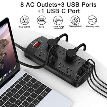 Surge Protector Power Strip - Nuetsa Flat Plug Extension Cord with 8 Outlets and 4 USB Ports, 6 Feet Power Cord (1625W/13A), 2700 Joules, ETL Listed, Black