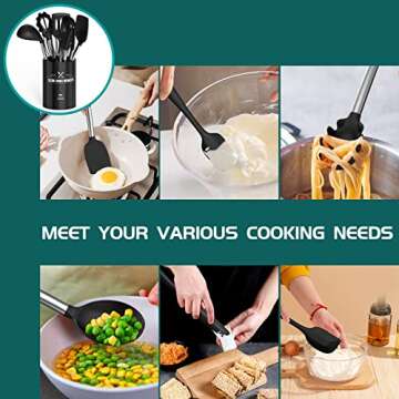 Silicone Cooking Utensil Set, Umite Chef 15pcs Silicone Cooking Kitchen Utensils Set, Non-stick - Best Kitchen Cookware with Stainless Steel Handle - Black