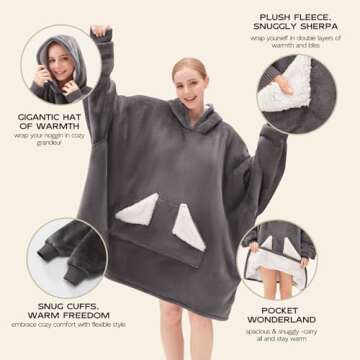 Touchat Wearable Blanket Hoodie, Oversized Sherpa Fleece Sweatshirt Blanket with Giant Hood Pocket-Gift for girlfriends