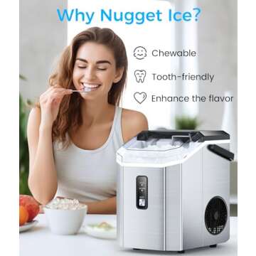 Joy Pebble Nugget Ice Maker Countertop，Stainless Steel, 10,000pcs/33lbs/Day, Portable Nugget Ice Maker Machine with Handle, Ice Makers Countertop Self-Cleaning, with Ice Scoop and Basket, Silver