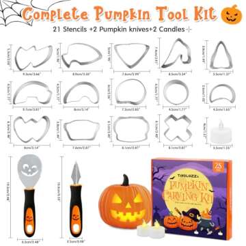 Pumpkin Carving Set of 25 PCS, Halloween Carving Kit Tools with 21 Pumpkin Cookie Cutters Tool, 2 Pumpkin Carving Knives, 2 Candle Lights, Stainless Steel Tools Ideal for Kids Adults, Tavolozza