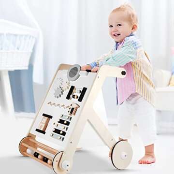 Beright Wooden Baby Walker with Roller, Push and Pull Learning Activity Walker, Multi-Functional Kids’ Activity Toy, Multiple Activities Center, Develops Motor Skills & Stimulates Creativity, Natural