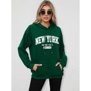 ORANDESIGNE Letter Graphic Print Hoodies for Women Oversized Long Sleeve Casual NEW YORK City Hoodies NEW YORK Green X-Large