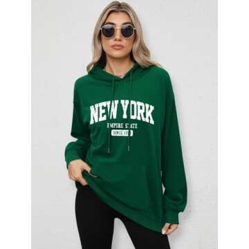 ORANDESIGNE Letter Graphic Print Hoodies for Women Oversized Long Sleeve Casual NEW YORK City Hoodies NEW YORK Green X-Large