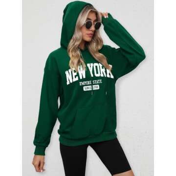 ORANDESIGNE Letter Graphic Print Hoodies for Women Oversized Long Sleeve Casual NEW YORK City Hoodies NEW YORK Green X-Large