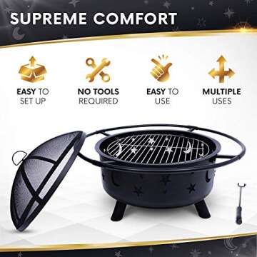 Project One Outdoor Fire Pit - 30 Inch Round Bonfire Wood Burning Patio & Backyard Firepit for Outside with Cooking BBQ Grill Grate, Spark Screen, and Fireplace Poker