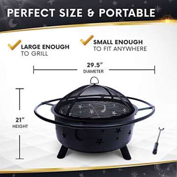 Project One Outdoor Fire Pit - 30 Inch Round Bonfire Wood Burning Patio & Backyard Firepit for Outside with Cooking BBQ Grill Grate, Spark Screen, and Fireplace Poker