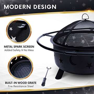 Project One Outdoor Fire Pit - 30 Inch Round Bonfire Wood Burning Patio & Backyard Firepit for Outside with Cooking BBQ Grill Grate, Spark Screen, and Fireplace Poker