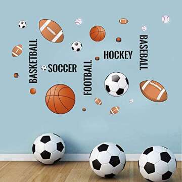 Supzone Sport Balls Wall Stickers Boys Wall Decals Basketball Soccer Baseball Football Hockey Wall Decor Boys Playroom Bedroom Classroom Living Room